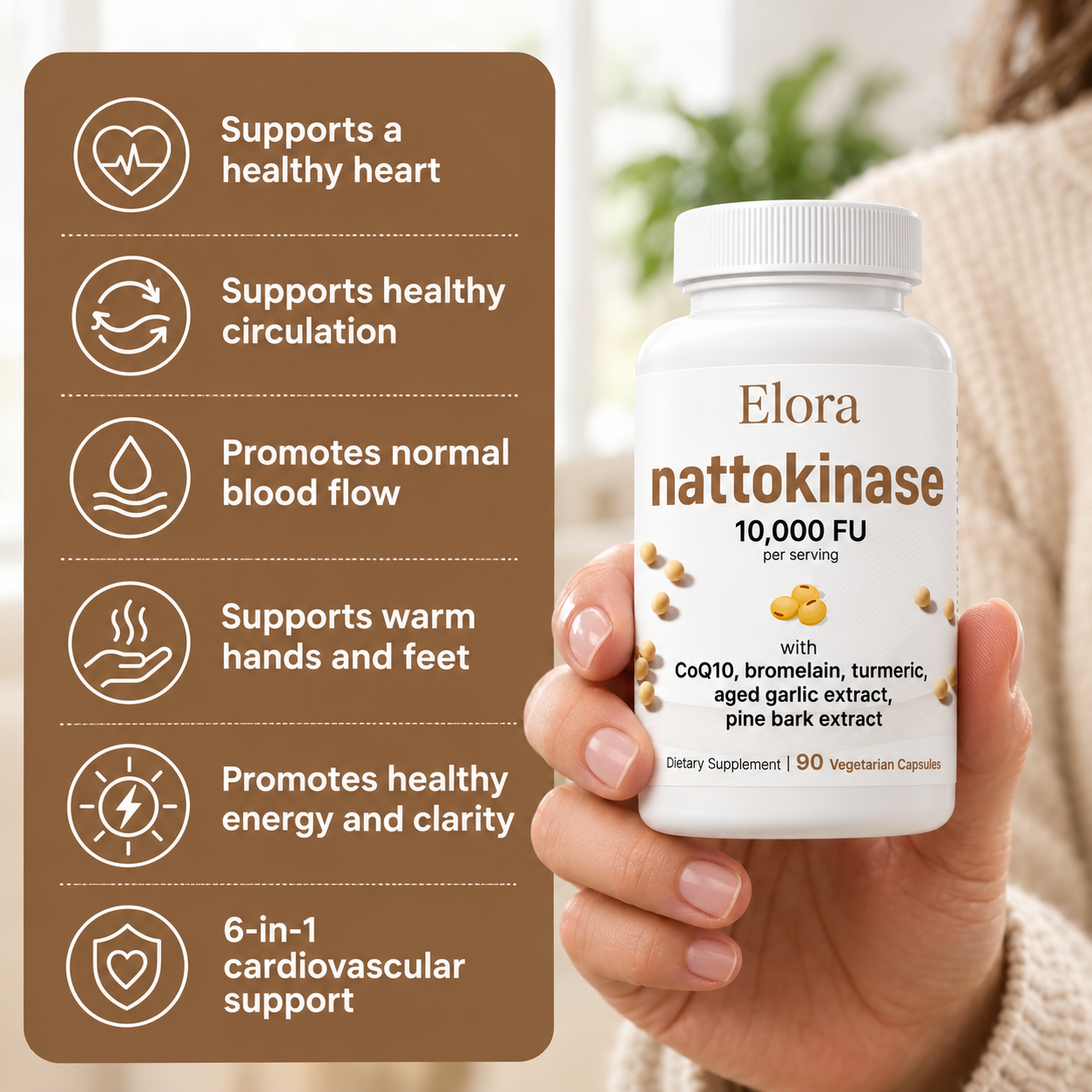 Elora Nattokinase 10,000 FU — 6-in-1 Heart & Circulation Support
